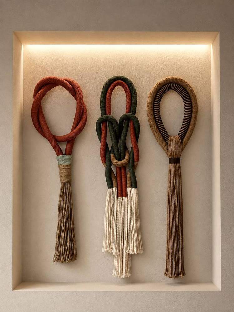 Tres nudos en terracota, verde y yute